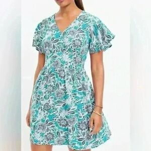 NWT  LOFT  Teal Green, White & Black Floral V Neck Short Sleeve Dress - 0